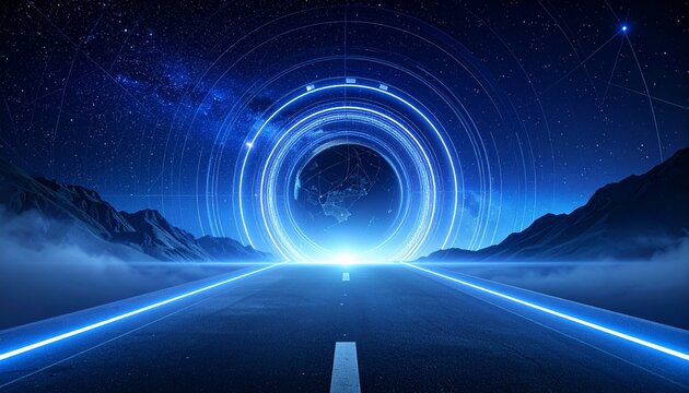 A futuristic road stretching towards a glowing celestial portal with cosmic rings and starlit mountain silhouettes in a digital landscape.