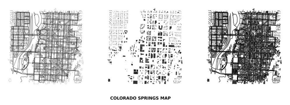 Colorado springs city map layout with street network and building footprints