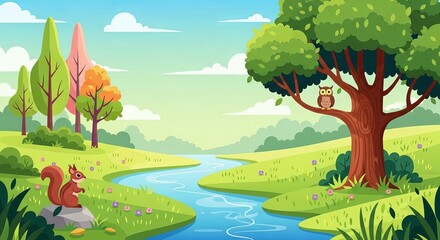 Naklejka premium Colorful nature landscape with river trees squirrel and owl in daylight