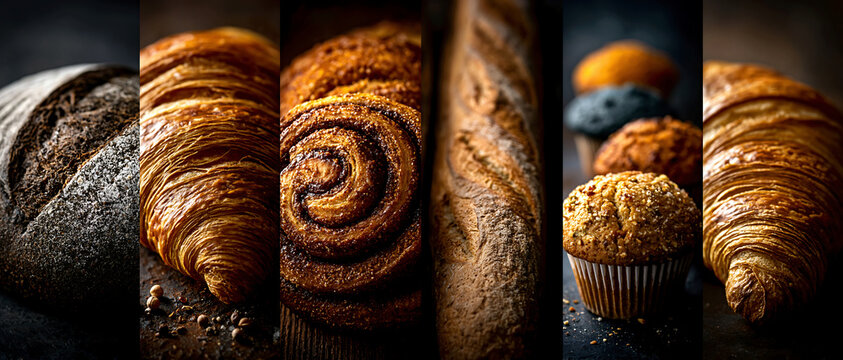 Assorted fresh bakery bread and pastries in warm dramatic light, showing golden crusts, flaky textures, and an appetizing artisan baking atmosphere.