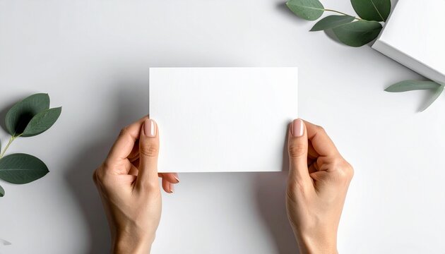 Hands holding a clean white blank paper card template decorated with eucalyptus leaves on a minimalist white background top view mockup.