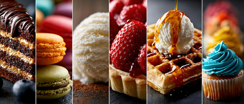 Colorful dessert collage with cakes, macarons, waffles, strawberries, and cupcake in vibrant light, creating a sweet bakery atmosphere.