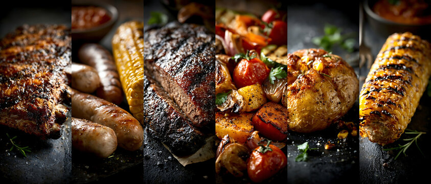 Grilled barbecue food collage with meat, corn, potatoes, and smoky dramatic light, creating a rustic summer cookout atmosphere.