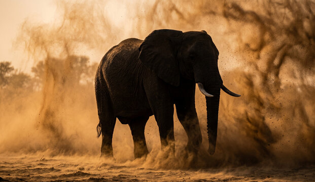  African elephant standing in dramatic dust storm