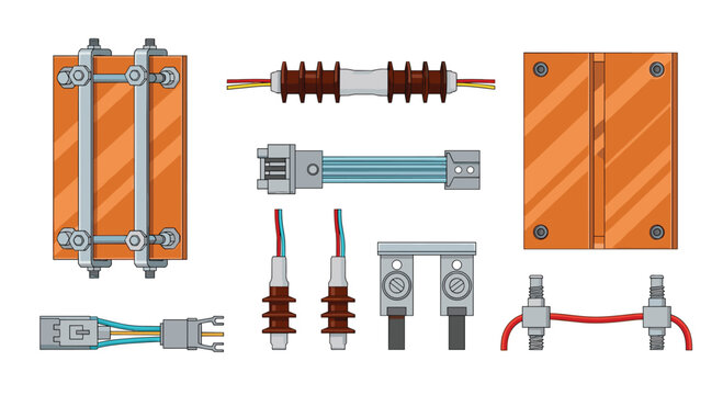 Various industrial electrical engineering components including copper busbar segments and ceramic insulators are arranged on a neutral background in a detailed technical diagram.