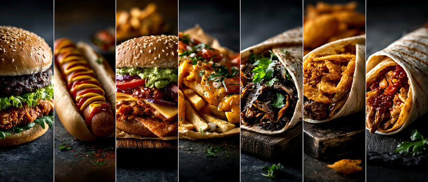Fast food collage with burger, hot dog, fried chicken, kebab, and wrap in dramatic light, creating a bold street food atmosphere.