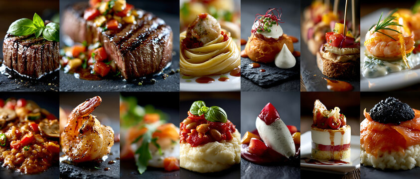 Grilled barbecue food collage with meat, corn, potatoes, and smoky dramatic light, creating a rustic summer cookout atmosphere.