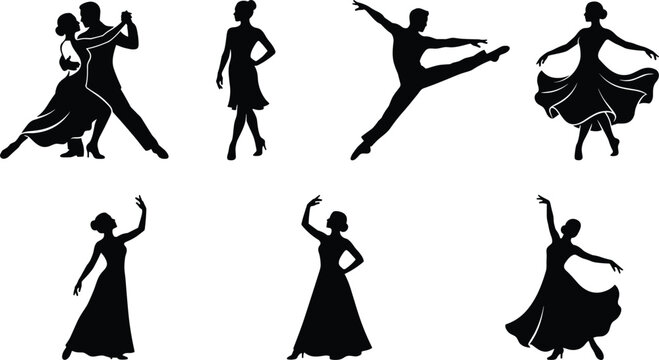 Dance silhouettes set ballet and ballroom dancers vector collection elegant performance poses isolated black figures