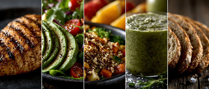 Colorful healthy food collage with roasted potatoes, fresh vegetables, avocado, and wraps in dramatic light, creating a vibrant wholesome meal scene.