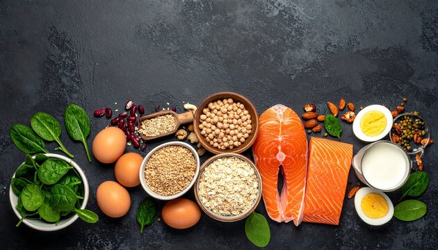 Top view of assorted healthy protein sources including fresh salmon fish raw eggs spinach oats beans and nuts on dark rustic table background.