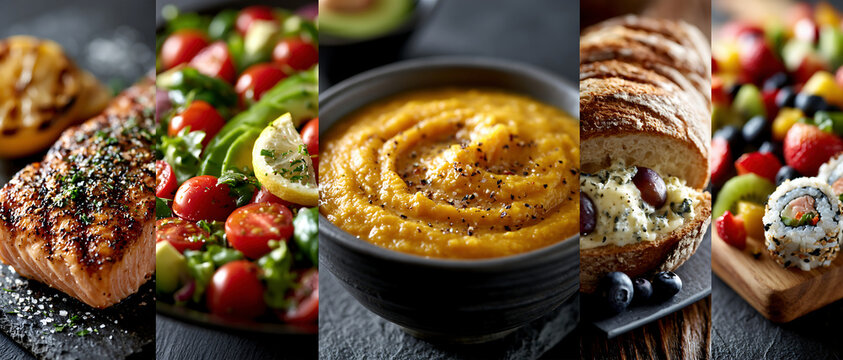 Healthy food collage with grilled chicken, salad, sushi, and fruit in warm dramatic light, creating a colorful balanced meal scene.
