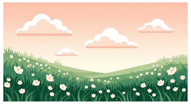 Beautiful rolling green hills with flowers and fluffy clouds in sunset sky illustration