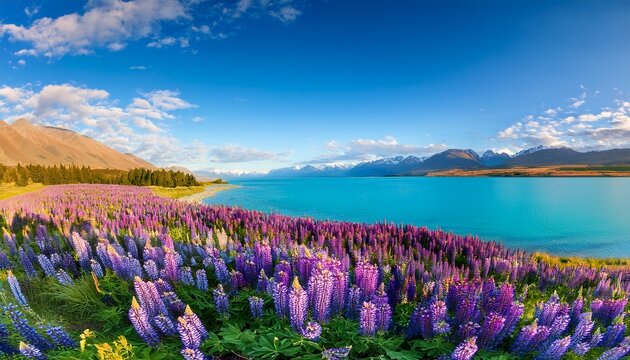 panorama landscape at lake tekapo and lupine flowers background in new zealand
