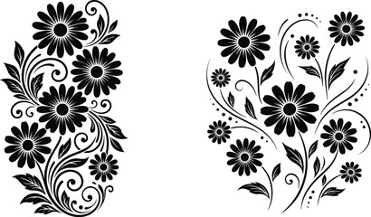 Fototapeta premium Floral ornament silhouettes with flowers and swirling vines vector set decorative botanical elements isolated black design