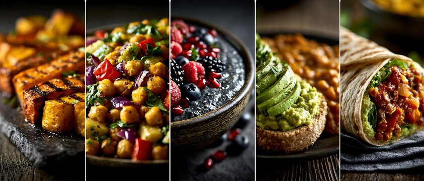 Colorful healthy food collage with roasted potatoes, fresh vegetables, avocado, and wraps in dramatic light, creating a vibrant wholesome meal scene.