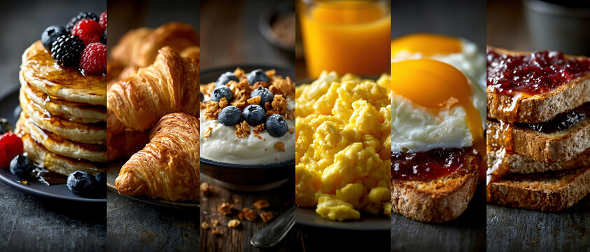Sweet breakfast collage with pancakes, croissant, cereal, toast, and orange juice in warm dramatic light, creating a cozy morning food scene.