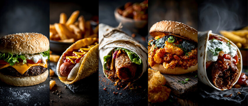 Fast food collage with burger, hot dog, fried chicken, kebab, and wrap in dramatic light, creating a bold street food atmosphere.
