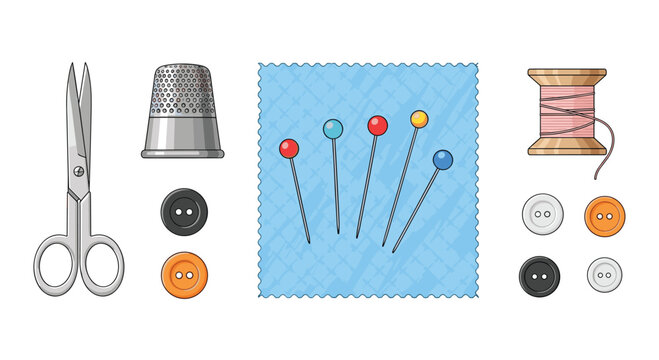 An organized flat lay display of sewing equipment including metal scissors a silver thimble colorful pins on blue fabric a wooden spool and plastic buttons.
