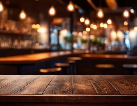 dark wooden table with a blurred background of a restaurant or bar interior