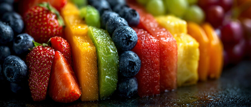 Colorful fresh fruit skewers with berries, kiwi, pineapple, and grapes in bright juicy light, creating a vibrant healthy snack scene.