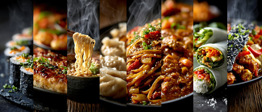 International food collage with pasta, sushi, wraps, and curry in dramatic light, creating a colorful restaurant menu atmosphere.