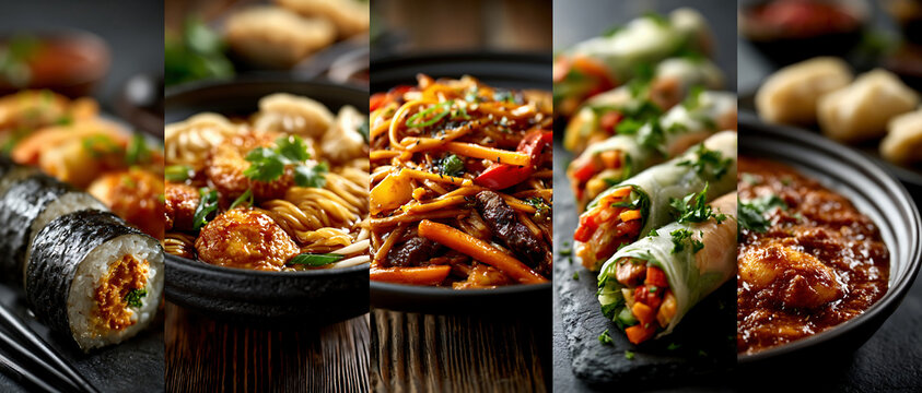 International food collage with pasta, sushi, wraps, and curry in dramatic light, creating a colorful restaurant menu atmosphere.