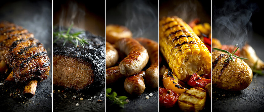 Grilled barbecue food collage with meat, corn, potatoes, and smoky dramatic light, creating a rustic summer cookout atmosphere.