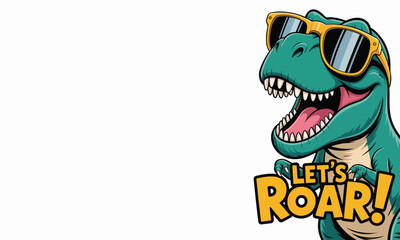 Cartoon tyrannosaurus rex with sunglasses and 'let's roar ' text on a white background © SMFARHANTANVIR