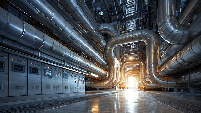 Futuristic industrial tunnel with metal pipes and bright dramatic light, creating a high-tech engineering atmosphere with strong perspective.