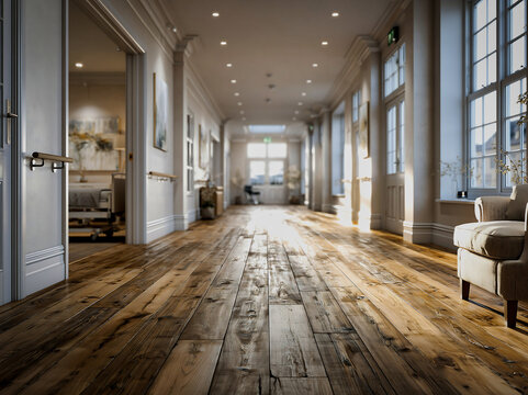 Bright modern apartment hallway with wooden floor, large windows, and warm sunlight, creating an elegant spacious home interior atmosphere.