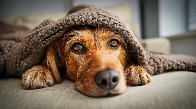 Cute brown dog resting on a beige sofa in a cozy living room, with warm light and a calm home atmosphere.