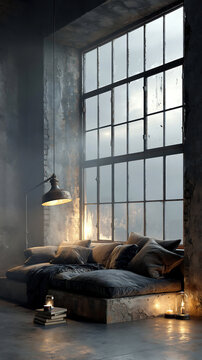 Moody industrial loft bedroom with large window, cozy bed, and warm lamp light, creating an atmospheric urban interior scene.