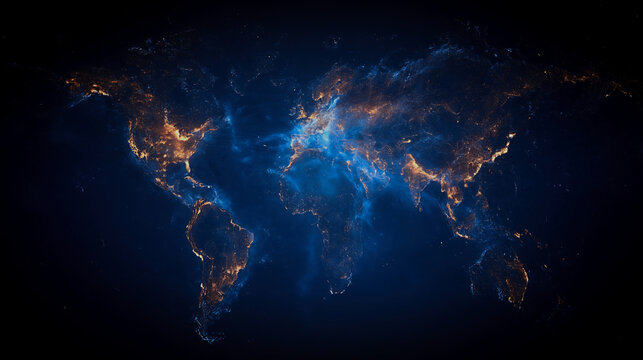 Glowing digital world map with blue and orange network lights on a dark background, symbolizing global connectivity and modern technology.