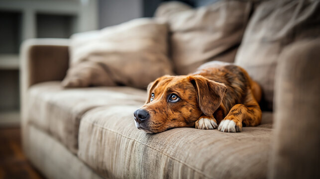 Cute brown dog resting on a beige sofa in a cozy living room, with warm light and a calm home atmosphere.
