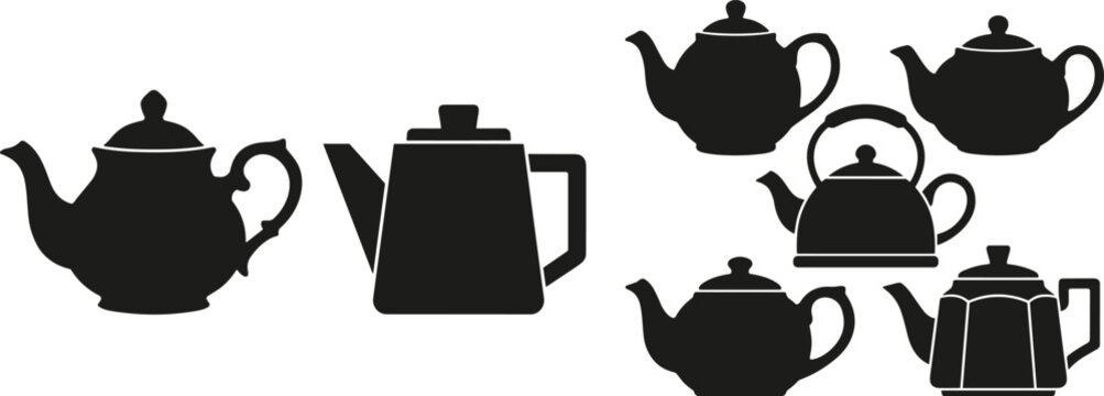 Teapot and kettle silhouettes vector set classic tea pots collection isolated black kitchenware icons for beverage design