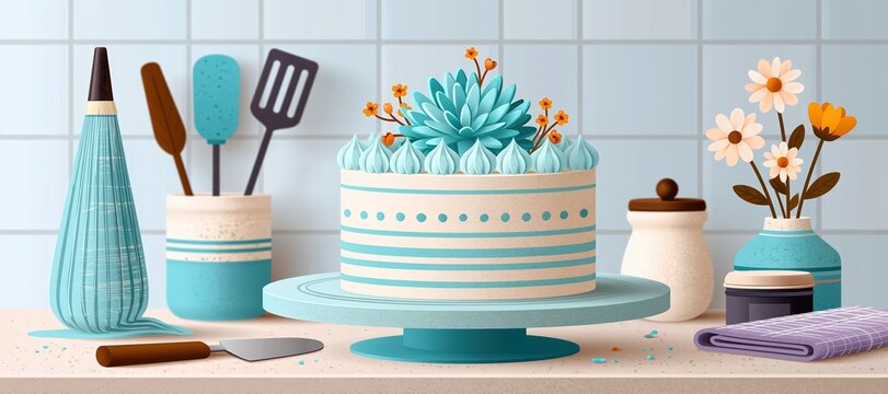Clean handmade cake decorating workstation piping bag spatula flowers rotating stand arranged