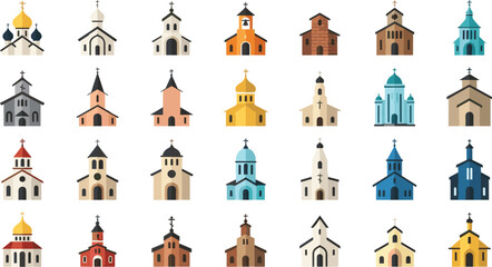 Colorful Church and Religious Architecture Icon Set with Domes, Steeples, and Crosses for Spiritual, Worship, and Religious Designs © Abdur