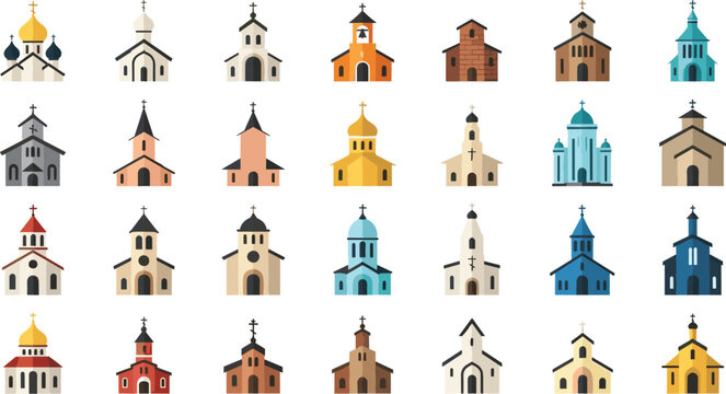 Colorful Church and Religious Architecture Icon Set with Domes, Steeples, and Crosses for Spiritual, Worship, and Religious Designs