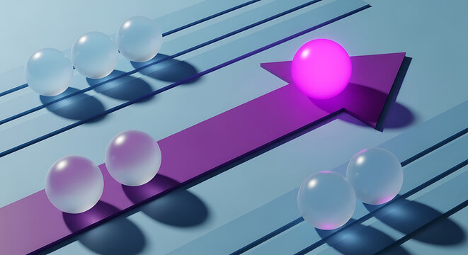 Abstract concept of leadership and progress with glowing pink sphere on upward pointing arrow leadership progress strategy achievement direction abstract minimalist business development
