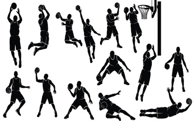 Fototapeta premium Black silhouette basketball players in various action poses