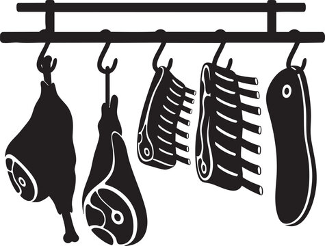 Black silhouette of various cuts of meat hanging on a butcher rack