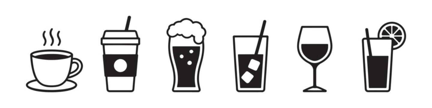 Beverage Drink Icons, Coffee Beer Wine Juice Soft Drink, Restaurant Cafe Menu and Food Drink Icon Set