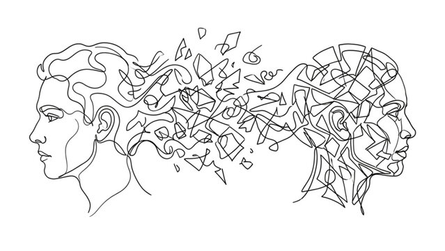Fragmented Thinking Continuous Line Head Abstract Cognitive Disruption Illustration