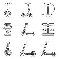 Electric Micro-mobility and Green Transport Icon Set: E-scooters, Unicycles, Solar Charging Station, and Eco-friendly Delivery Concepts. © Unique Gallery