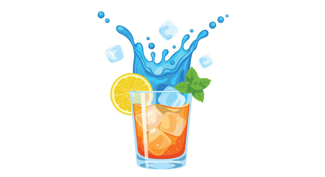 Amber colored drink with ice cubes splashing from a glass, garnished with a lemon slice and mint leaf on white.