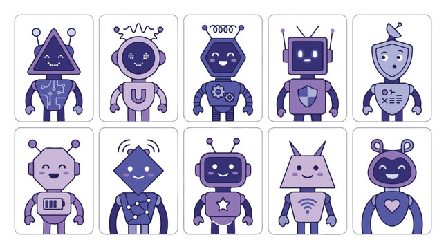Collection of Friendly Purple Robot Characters in Decorative Frames