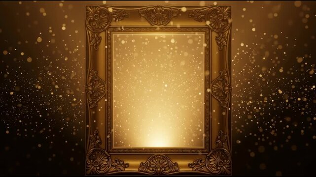 Ornate golden picture frame with glittering bokeh background for presentation