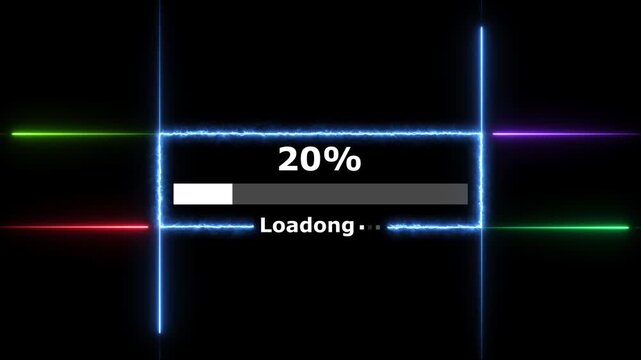 Cyberpunk loading neon bright white color animation. 52 percent number loading icon modern design rectangle from neon light black background 4k video.