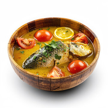 Masor Tenga in Bamboo Bowl Isolated on White Background Square Composition Studio Shot