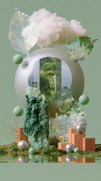 Vertical surreal digital collage featuring abstract shapes, green foliage, and reflective spheres on a sage green background with a modern cityscape visible inside a spherical element